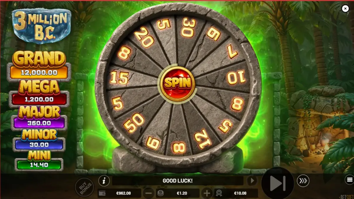 Tampilan visual slot 3 Million B.C. dengan tema zaman batu dan roda jackpot raksasa.