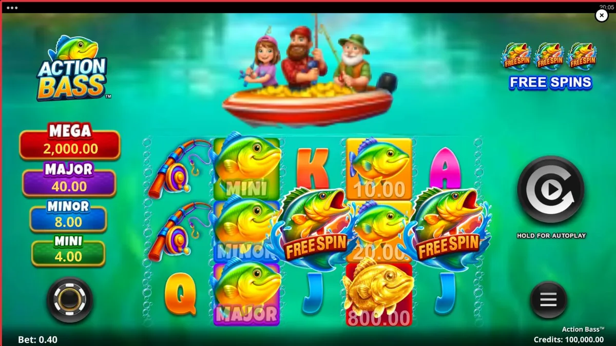 Tampilan visual slot Action Bass dengan tema memancing dan keluarga di danau.